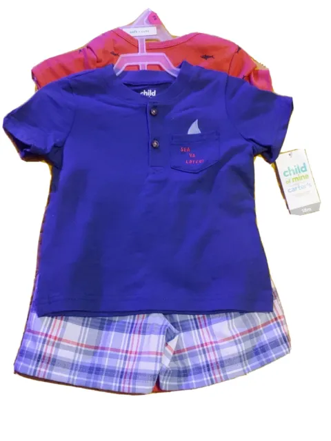 NEW Carters Baby Boy 3 piece set Bodysuit Collar Shirt & Shorts Red Blue NWT 18m