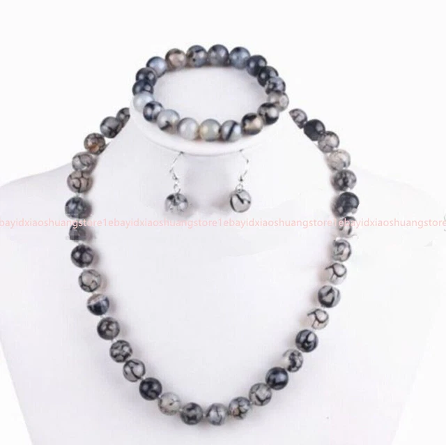 8mm Natural Black White Dragon Veins Agate Necklace Bracelet Earrings Set