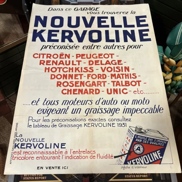 Ancienne Affiche Kervoline - 1930 - GARAGE