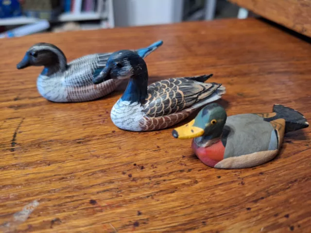 Vintage Lot of 3  Hand Painted Carved Mini  Wood Figurine Duck Goose Waterfowl