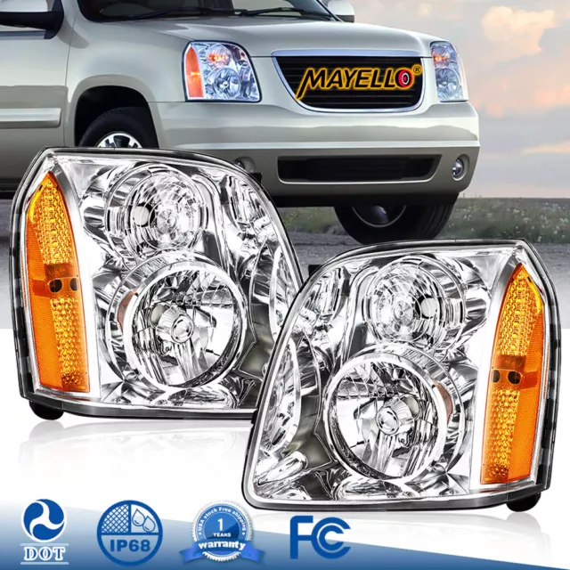 Headlight Assembly For 2007-2014 GMC Yukon XL 1500 2500 Denali Chrome Housing