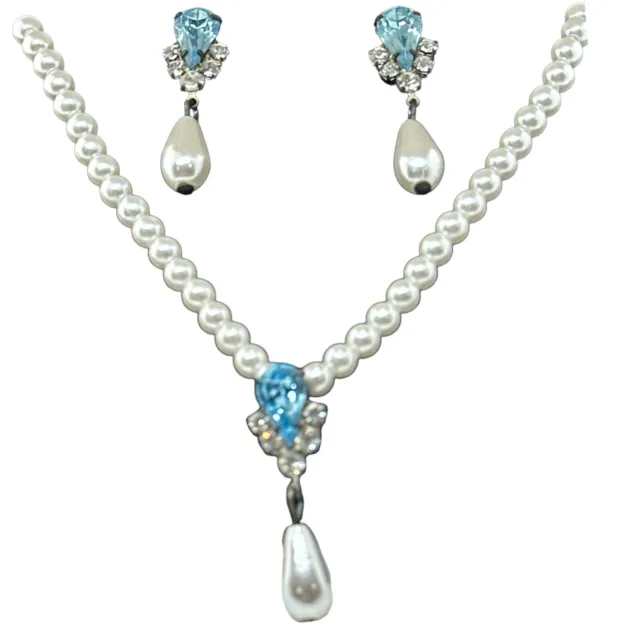 Vtg Mariell Necklace w/Pearl Drop, Faux Marquise Blue Topaz & CZ  16” & Earrings
