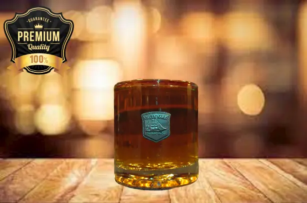 Cutty Sark Scotch Whiskey Rocks Glasses W/Pewter Medallion Logo  & Bubble Bottom