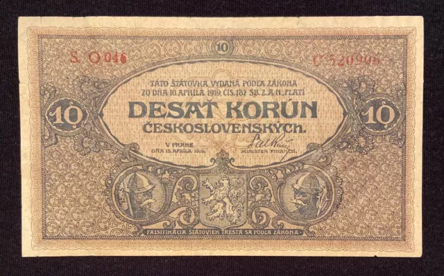 Czechoslovakia 10 korun 1919. Pick# 8a. A few small edge tears otherwise VF++