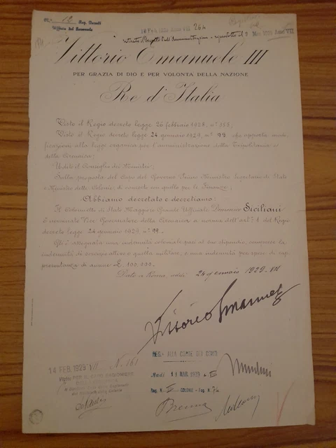 Autografo Mussolini Vittorio Emanuele Decreto Governatore Cirenaica Colonie Mvsn Autografo Mussolini Vittorio Emanuele Decreto Governatore Cirenaica Colonie Mvsn