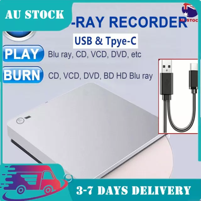 Blu ray Burner USB External BD-R BD DVD CD RW Disc Writer Movie Player Silver AU
