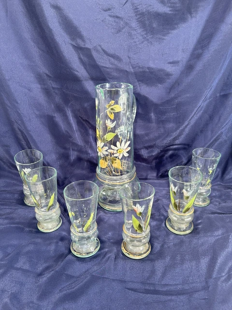 Service à Orangeade Vintage En Verre émaillé, Décor Fleurs Et Dorures