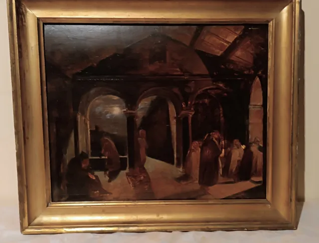 Pintado Antigua Grande Dibujo Al Óleo En Mesa Greyfriars Convento XIX Siglo