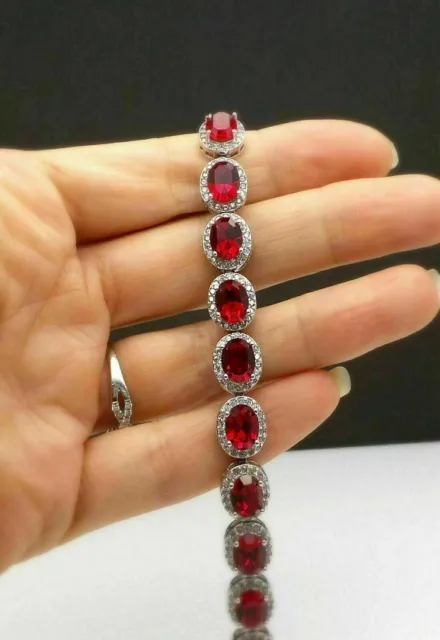 17 Ct Oval Cut Red Ruby & Diamond Halo Tennis Bracelet Solid 14K White Gold Over