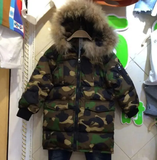 Boys Girls Kids Camouflage Cotton Padded Long Parka Jacket Fur Hooded Coat Warm 3