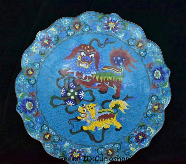 19.6" Old Chinese Cloisonne Enamel Dynasty Foo Fu Dog Guardion Lion Plate Tray