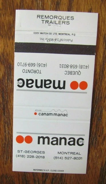 Truck: Manac Trailers (St-Georges & Montreal, Quebec) Matchbook Matchcover -F27