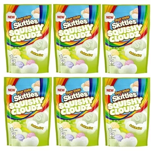 932581 6 X 94G Bag Skittles Squishy Crazy Sours Cloudz Soft And Airy Gummies