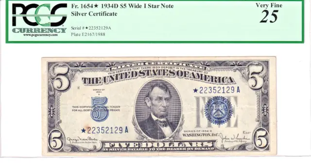 1934-D $5 Silver Certificate Wide I **STAR** PCGS Very Fine 25 #*22352129A