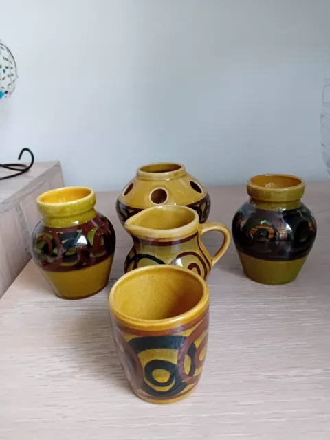 5 X Brixham Pottery Devon Vases & Jug  1960's