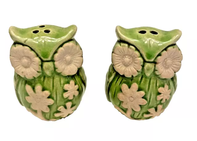 Saleros de cerámica vintage búho verde cerámica 2" de alto pequeño