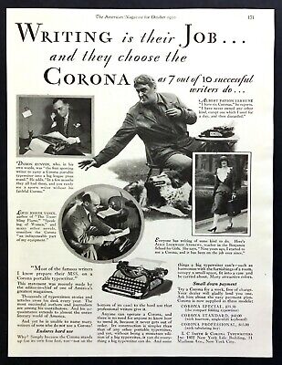 1930 Damon Runyan Albert Payson Terhune photo Corona Typewriter vintage print ad