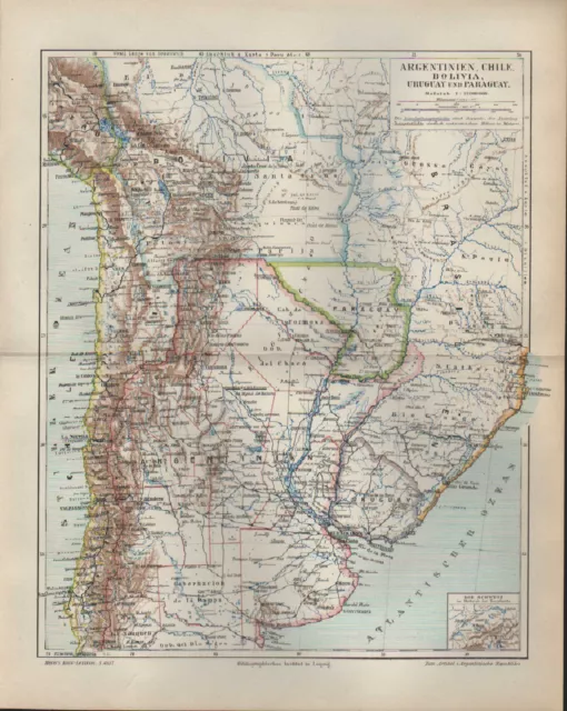 Landkarte map 1896: ARGENTINIEN, CHILE, BOLIVIA, URUGUAY und PARAGUAY.