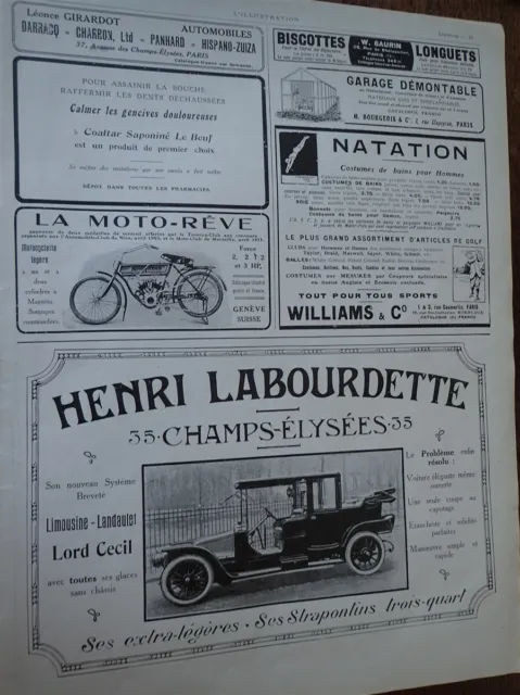 LABOURDETTE Henri + MOTO REVE + golf WILLIAMS publicité papier ILLUSTRATION 1912