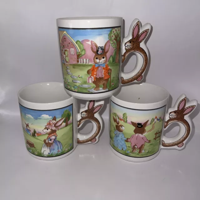 Vintage Peter Rabbit with Bunny Handle Mug Ceramic Coffee Tea 10 oz. Set of 3