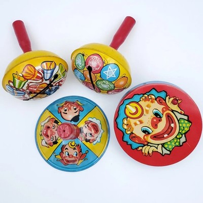 Vintage Tin Litho Noisemaker Toy Lot  Rachet Bells Clowns Balloons Party Set X4