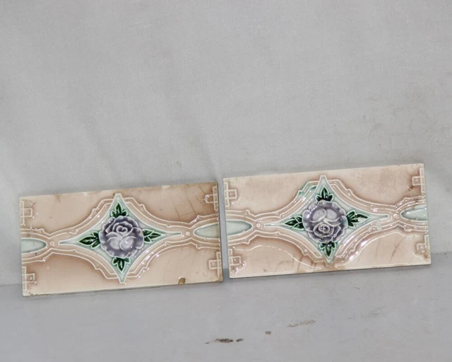 2 Pc Vintage Rose Flower Embossed Art Nouveau Architecture Tiles, Japan 10715