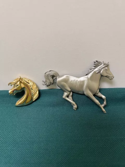Gorgeous Horse Pins! Brass Horse Head & Pewter Horse Running-Mint Condition!