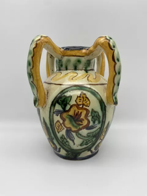 Vintage Pisa Italy - Majolica? Pottery Vase 4-Handled Hand Painted 7” Yellow/Grn