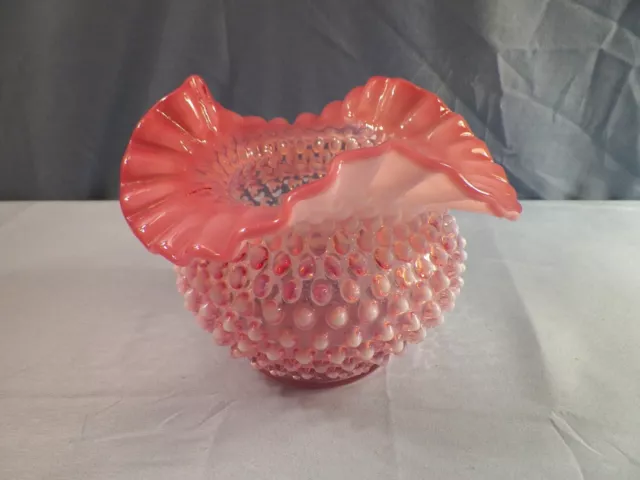 Fenton Cranberry Opalescent Hobnail Glass Large Rose Bowl Vase 4 5/8" Tall INV2