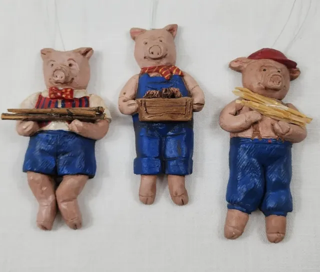 The Three Little Pigs Hand Carved Charlee McGee Wood wall art 4" Fairy Tale