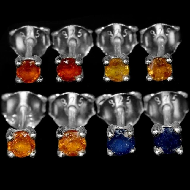 Genuine 4 Pair Aaa Multi Color Sapphire Round Sterling 925 Silver Stud Earring
