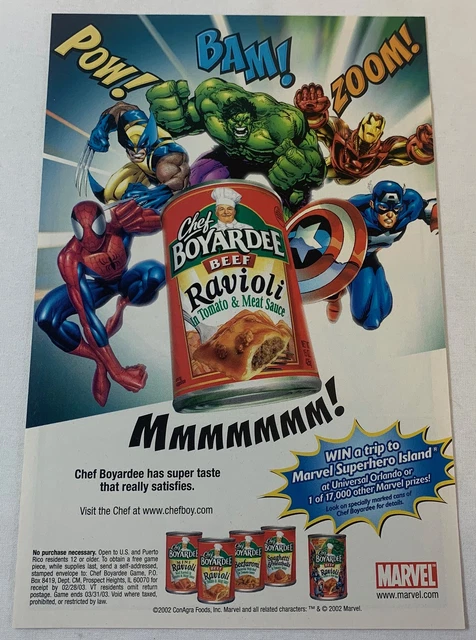 2002 Chef Boyardee Ad Pagina ~ Marvel Comics Spider-Man, Wolverine, Hulk, Ferro