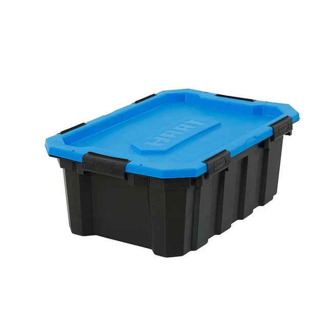 18 GALLON WATER Resistant Plastic Storage Bins, Black with Blue Lid 22