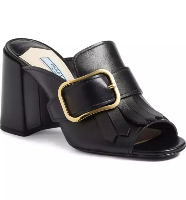 NIB PRADA Kiltie Fringe Buckle Strap Slide Mule Block Heel Shoe Black Leather 37