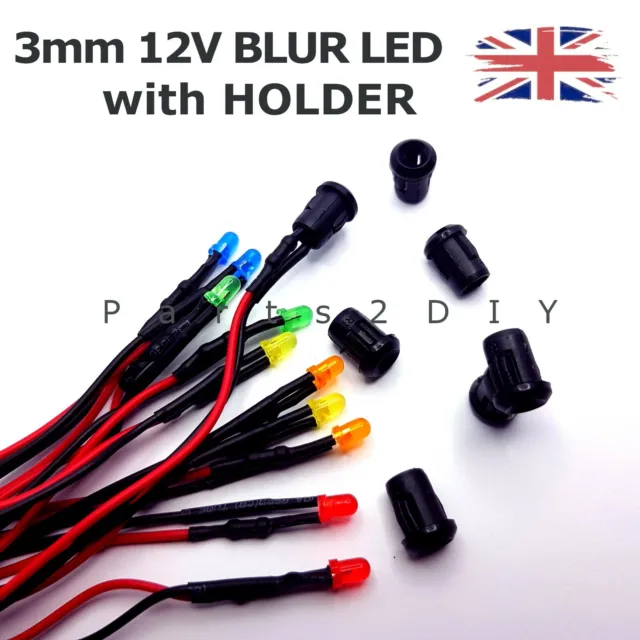 3mm 12V Diffused LED with HOLDER Pre-Wired Cable Blurred Diode Fog Milky UK