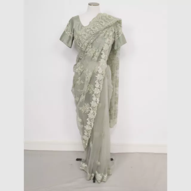 Zarkan Indian Designer Sale Saree with Blouse Fine Net Silver Green UK Size L