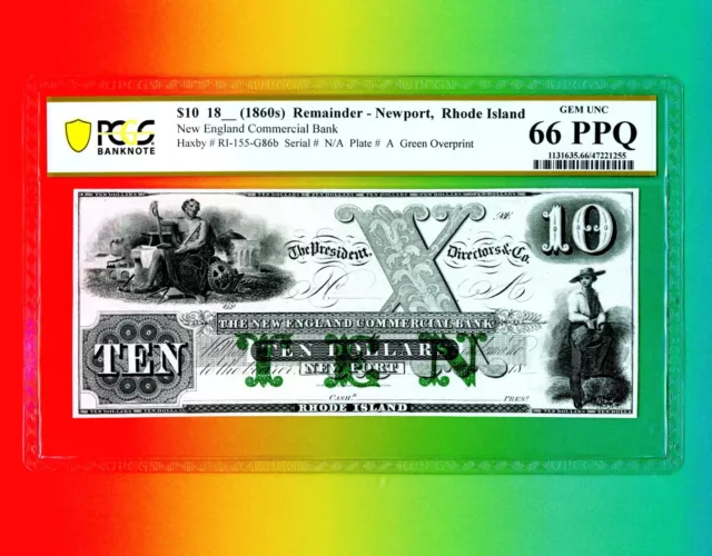 1860s $10 New England Commercial Bank, Newport RI - Obsolete - PMG 64! Choice!
