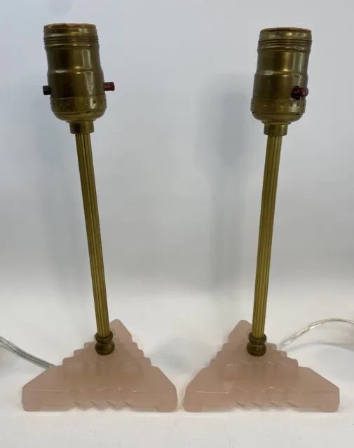 Pair Of Houze Art Deco 1930’s Pink Glass & Brass Boudoir Table Lamps: New Cords