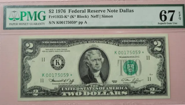 Fr# 1935-K* $2 1976 Federal Reserve Note Dallas PMG 67EPQ SUPERB GEM UNC