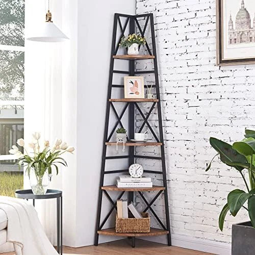 HOMBAZAAR 5-Tier Industrial Corner Bookshelf, Vintage Wood Look Accent with