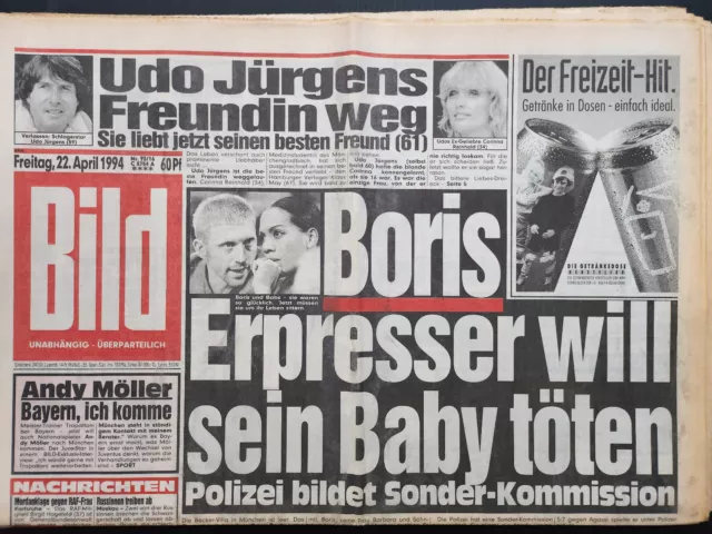 BILD ZEITUNG vom 22.4.1994 - 22. April 1994 zum 30. Geburtstag mit UDO JÜRGENS