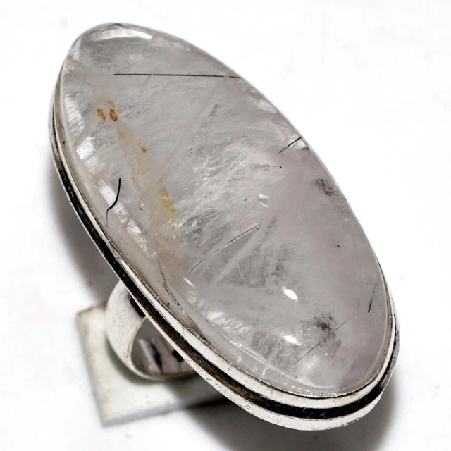 925 Silver Plated-Natural Black Rutile Ethnic Ring Jewelry US Size-6.5 JW