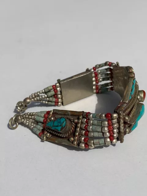 Ancient Victorian Big Silver Color Cuff Bracelet Amazing With Turquoise Stones 2