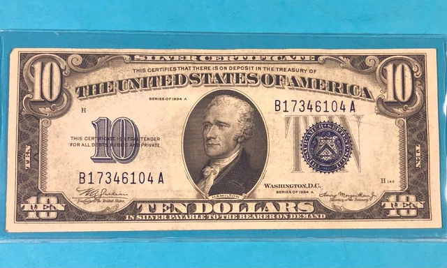 1934 A Series $10 Silver Certificate, AU Condition
