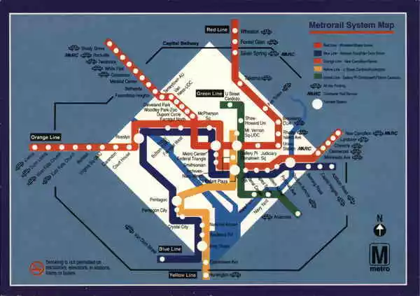 Washington,DC Metrorail System Map Subway District of Columbia Postcard Vintage