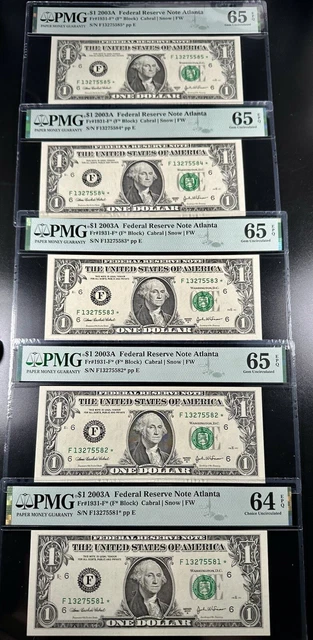 Lot of 5 Consecutive Star Federal Reserve Notes PMG 64 and 65 EPQ fr 1931-F* ATL