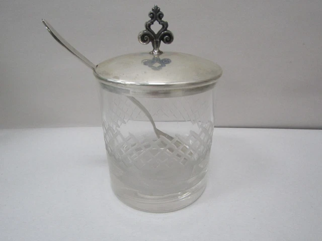 ANTIQUE REED & BARTON X389 Sterling & Etched Glass Jam Jar with Spoon 2