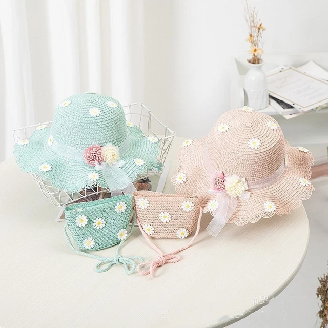 Set berretto sacchetto di paglia tesa larga cappello da pescatore cappello da sole bambini cappelli da spiaggia