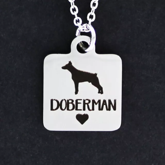 DOBERMAN Necklace - Stainless Steel Charm on Chain Square with Heart Dog Pet