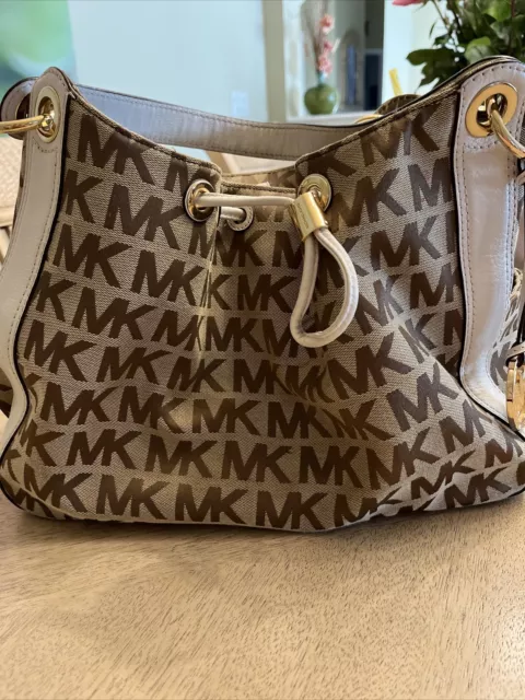 Michael Kors Signature Logo Ludlow Satchel Handbag-Brown/Tan/Cream/Gold EUC